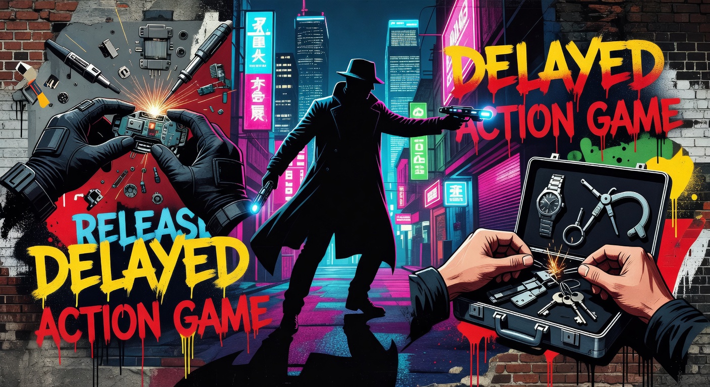 Generische Spionage-Gaming-Collage mit Silhouette, Gadget-Licht und urbaner Nachtstimmung ohne Logos oder bekannte Figuren