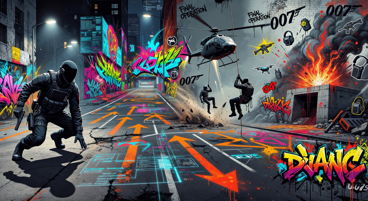 Generische Spionage-Gaming-Collage mit Trainingssimulation, Neon-Licht und futuristischen Displays ohne Logos oder bekannte Figuren
