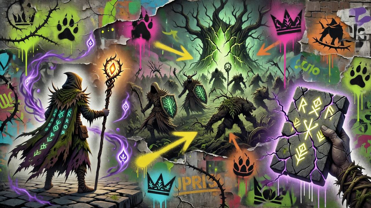 Fantasy-Gaming-Collage mit uralten Ruinen, magischen Runen, gepanzerten Abenteurern und grünen Waldlandschaften ohne Logos