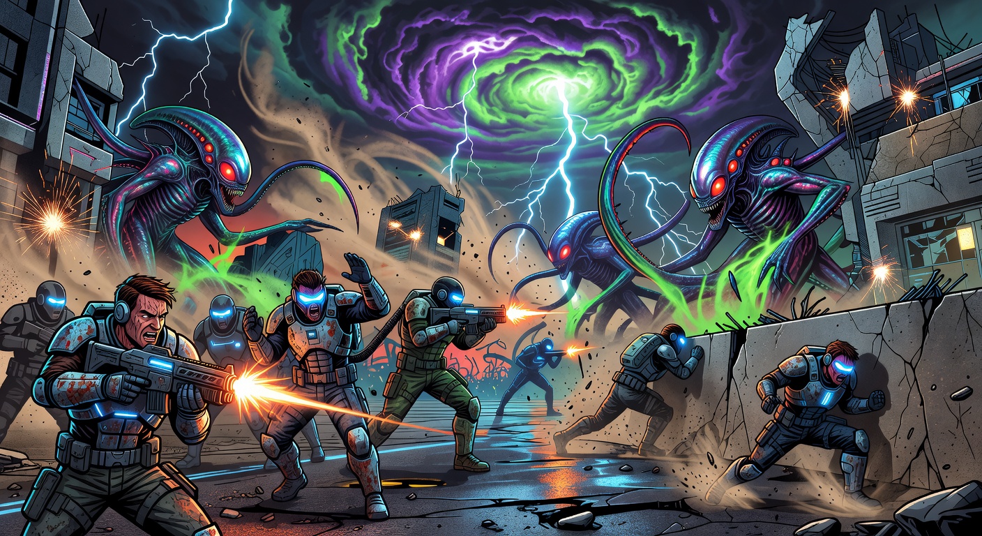 Düstere Sci-Fi-Kolonie mit Sturmfront und futuristischen Industrieanlagen