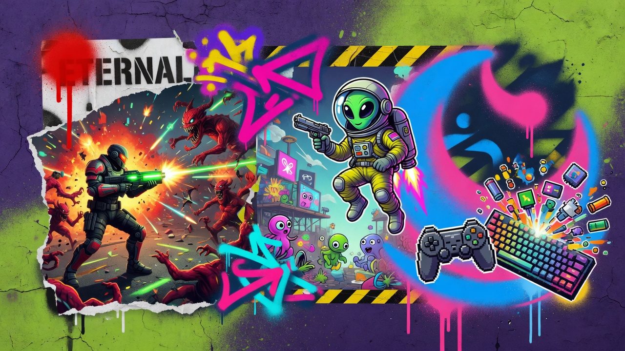 Bunte Street-Art-Collage zu kostenlosen PC-Spielen bei Amazon Prime ohne Logos oder bekannte Figuren