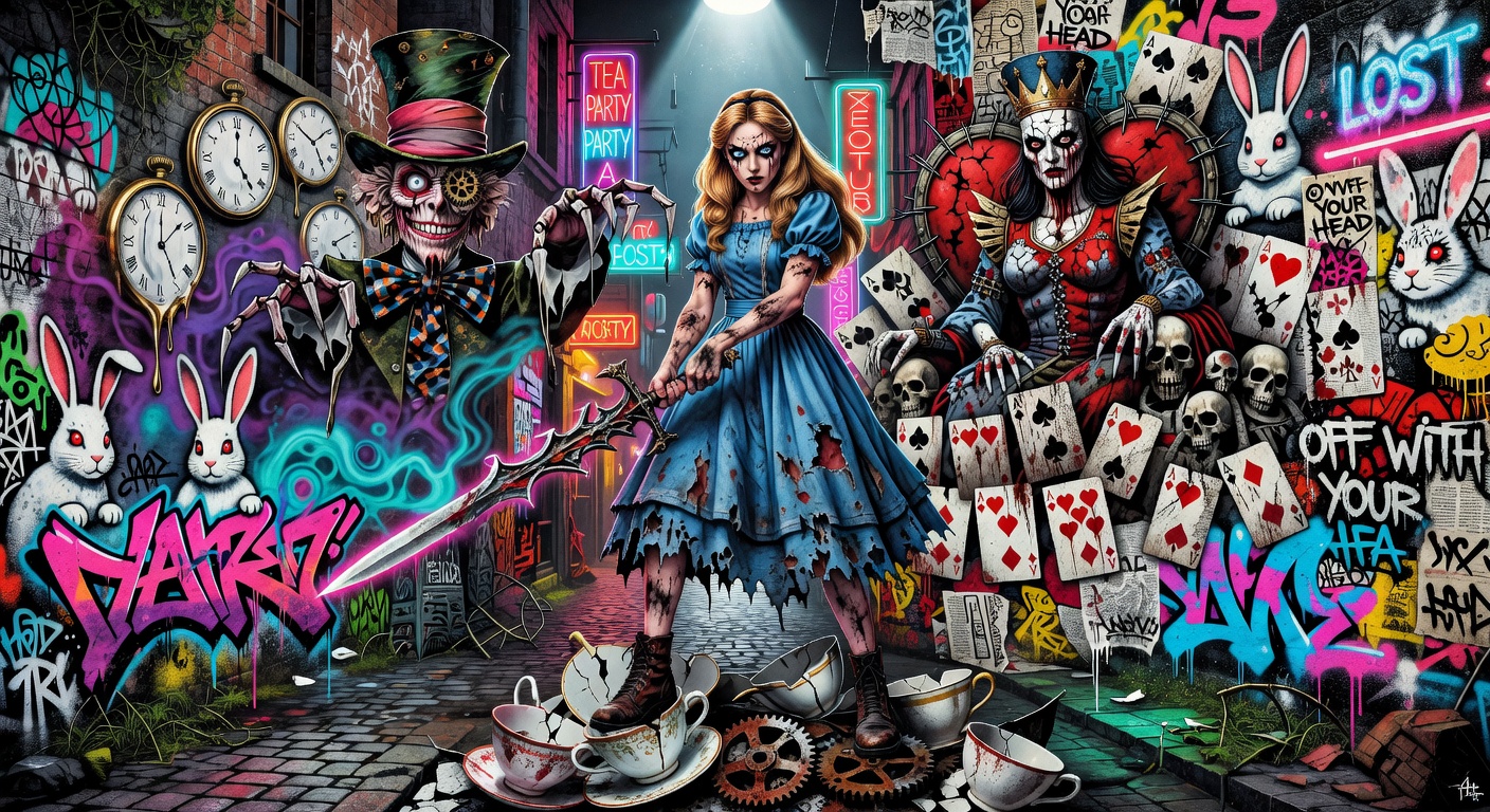 Düsteres Alice-inspiriertes Fantasy-Artwork mit Plüschtieren