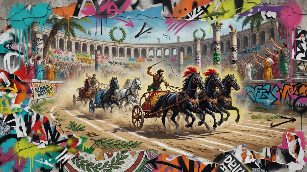 Generische antike Gaming-Collage mit großer Rennarena, Staub, Streitwagen und leuchtender Abendstimmung ohne Logos oder bekannte Figuren