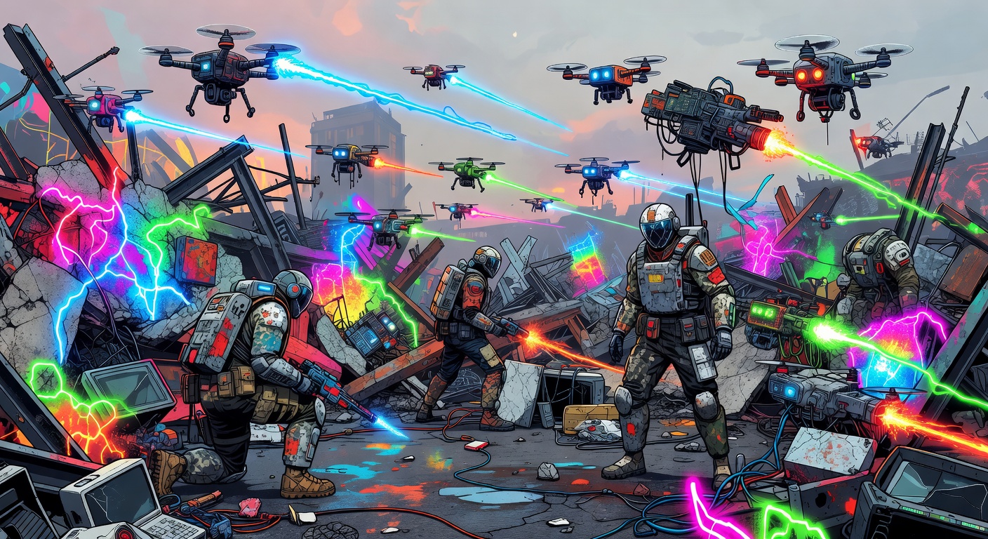 Abstrakte Sci-Fi-Collage mit futuristischen Drohnen, Schrottlandschaft und leuchtenden Energieeffekten
