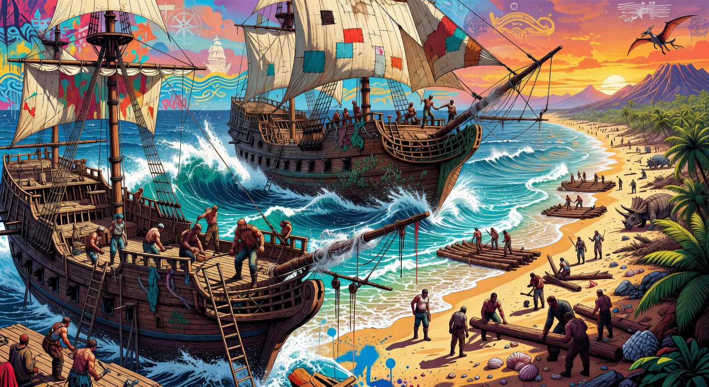 Stilisierte Piratenschiffe auf rauer See in einer Survival-Game-Welt