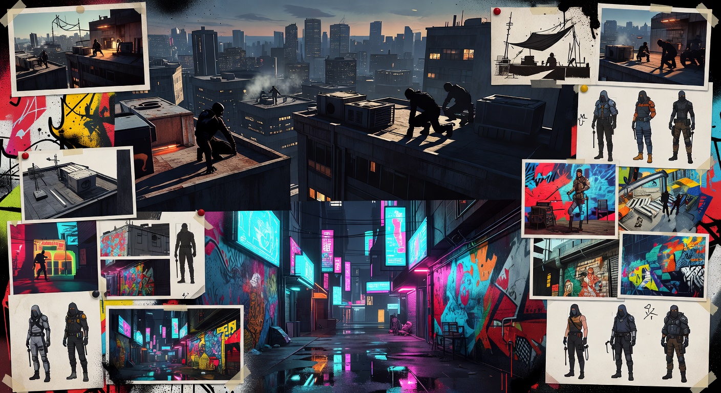 Abstrakte Collage aus Stealth-Dächern und futuristischer Gasse ohne Logos oder bekannte Figuren