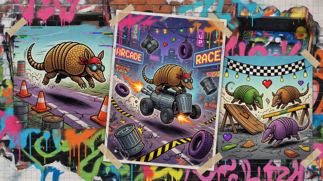 Bunte Retro-Rennstrecke mit rollendem Tier, Sprüngen und Arcade-Lichtern ohne Logos