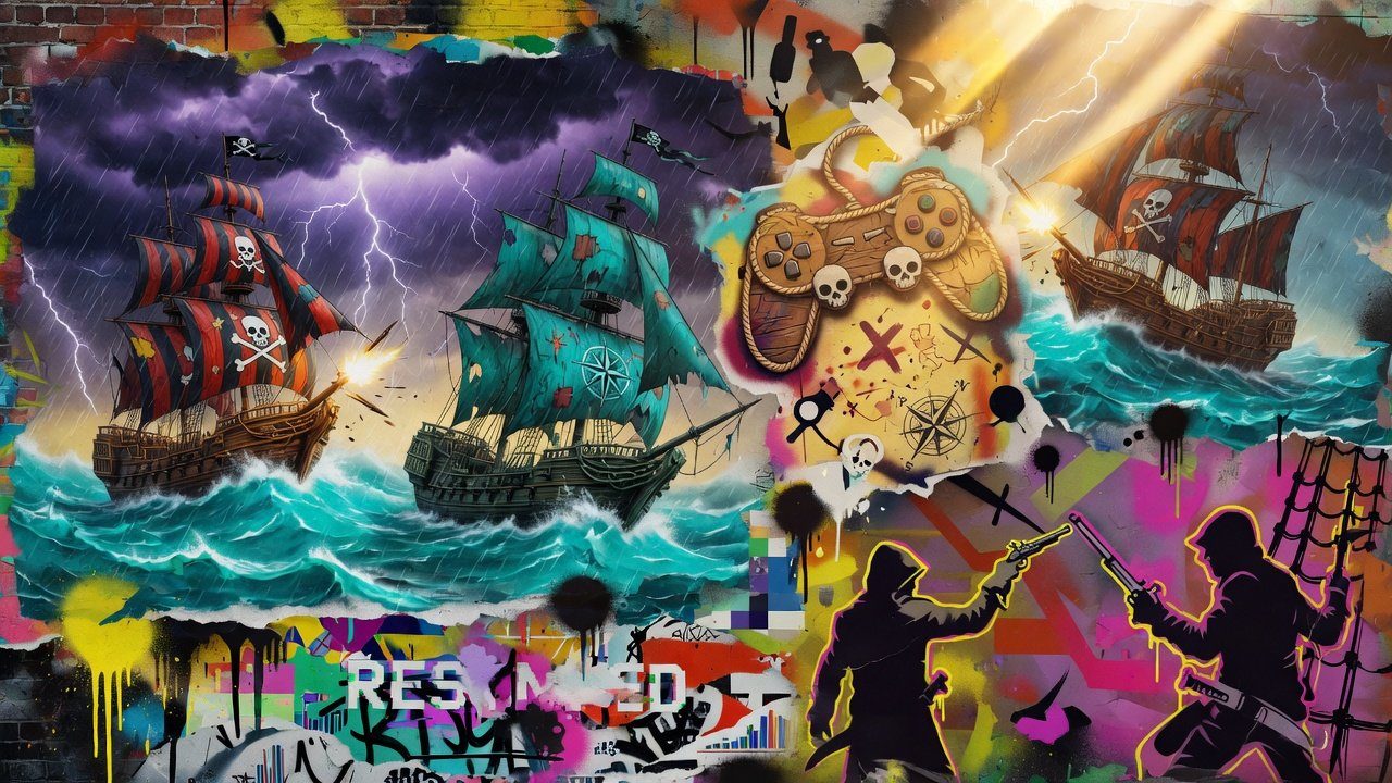 Dramatische Piraten-Seeschlacht mit Segelschiffen, tropischem Sturm und goldener Abendsonne ohne Logos oder bekannte Figuren