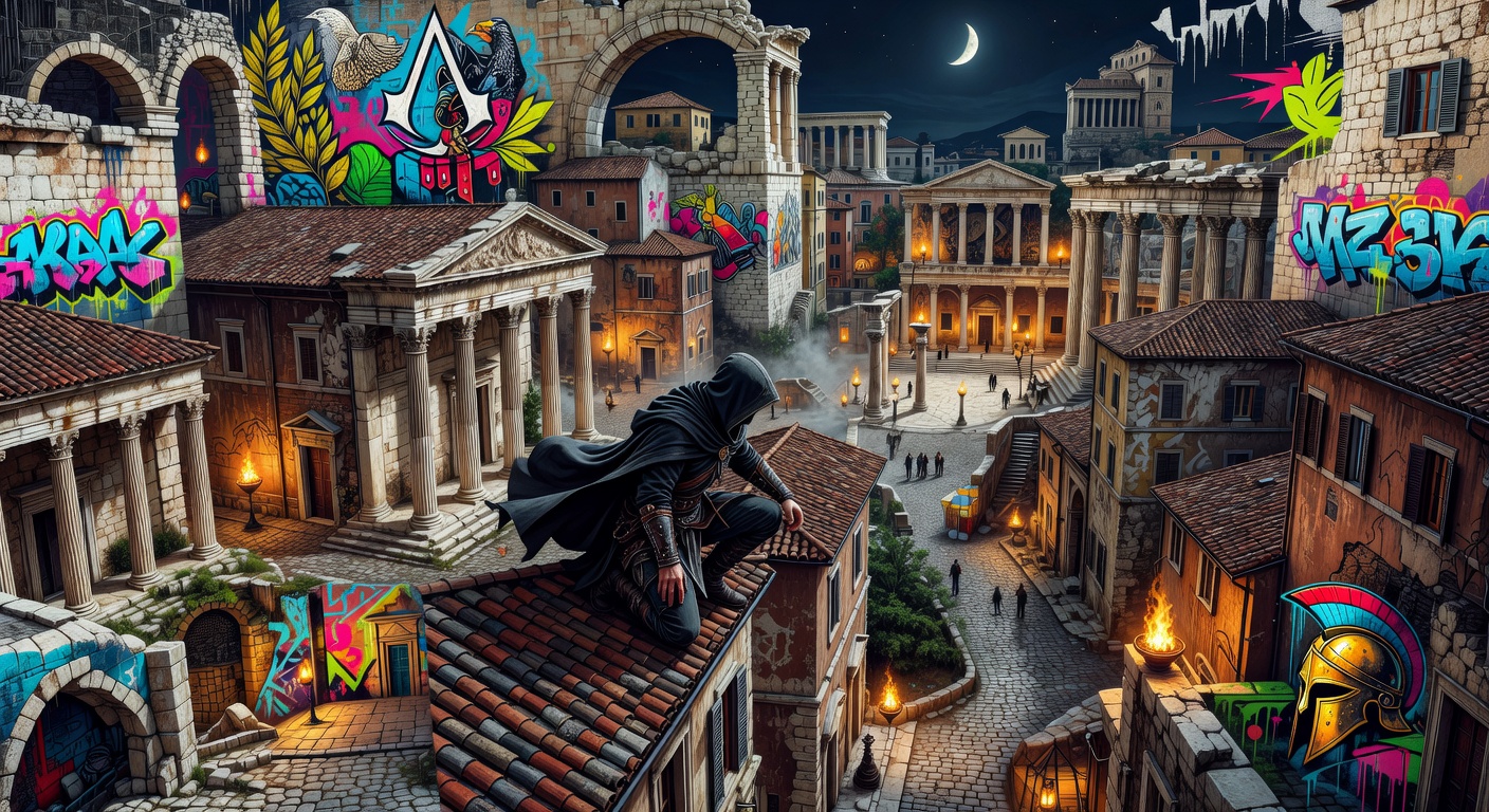 Düstere, generische Gaming-Collage mit antiker Stadtkulisse und Neonfarben