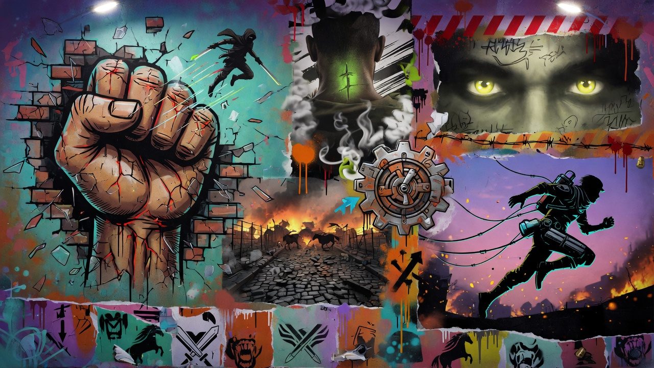 Dramatische, generische Action-Collage mit Seilmanövern, Stadtmauern und riesigen Schatten ohne Logos oder bekannte Figuren
