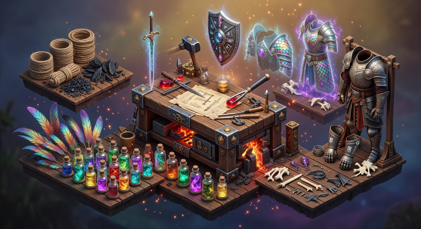 Avowed Crafting-Workbench mit Fantasy-Gear und Materialien