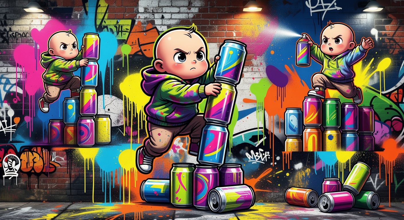 Kletterfigur vor improvisiertem Dosenstapel in stilisierter Spielewelt