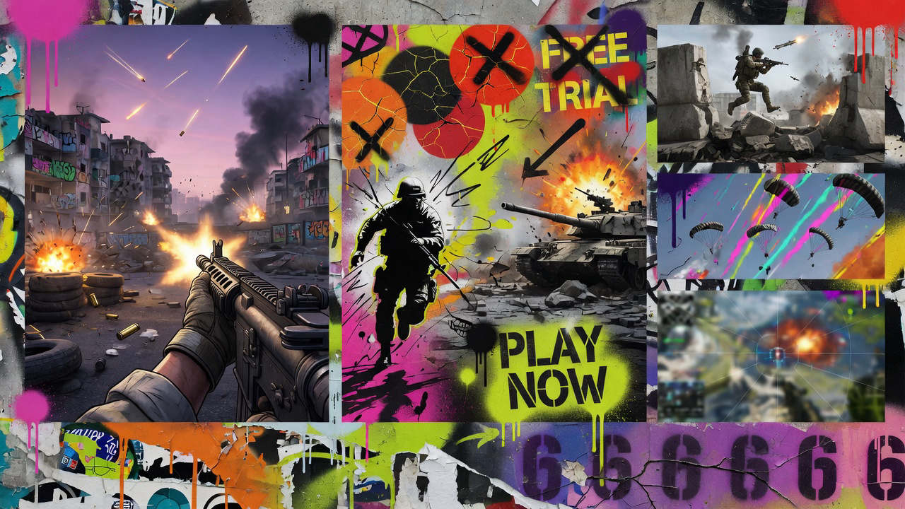 Abstrakte Shooter-Collage mit Soldaten, urbanem Marktplatz und militärischer Ausrüstung ohne Logos oder Markenfiguren