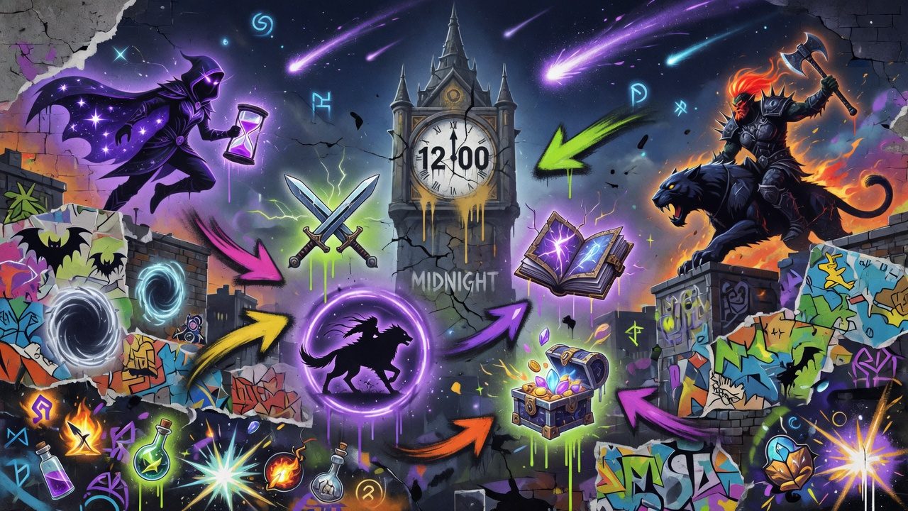 Dynamische Fantasy-Gaming-Collage im Street-Art-Stil mit leuchtendem Himmel, generischen Heldenfiguren und Rabattkarten ohne Logos