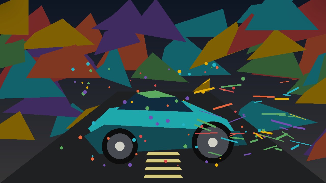 Bunte Street-Art-Collage mit generischem Sportwagen, Physik-Splittern und nächtlicher Straße ohne Logos