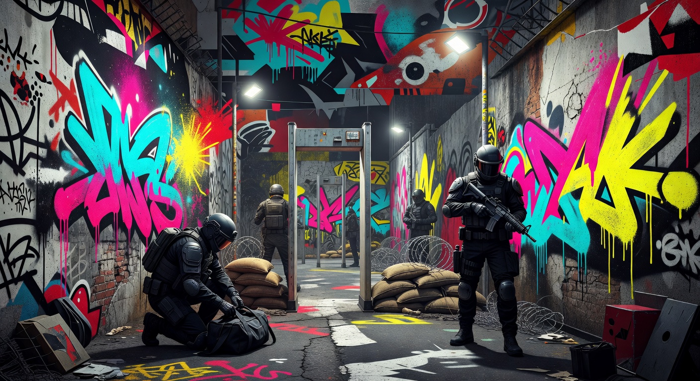 Futuristische Shooter-Arena mit neutralem Sicherheits-Checkpoint, Monitoren und Warnsymbolen ohne Logos