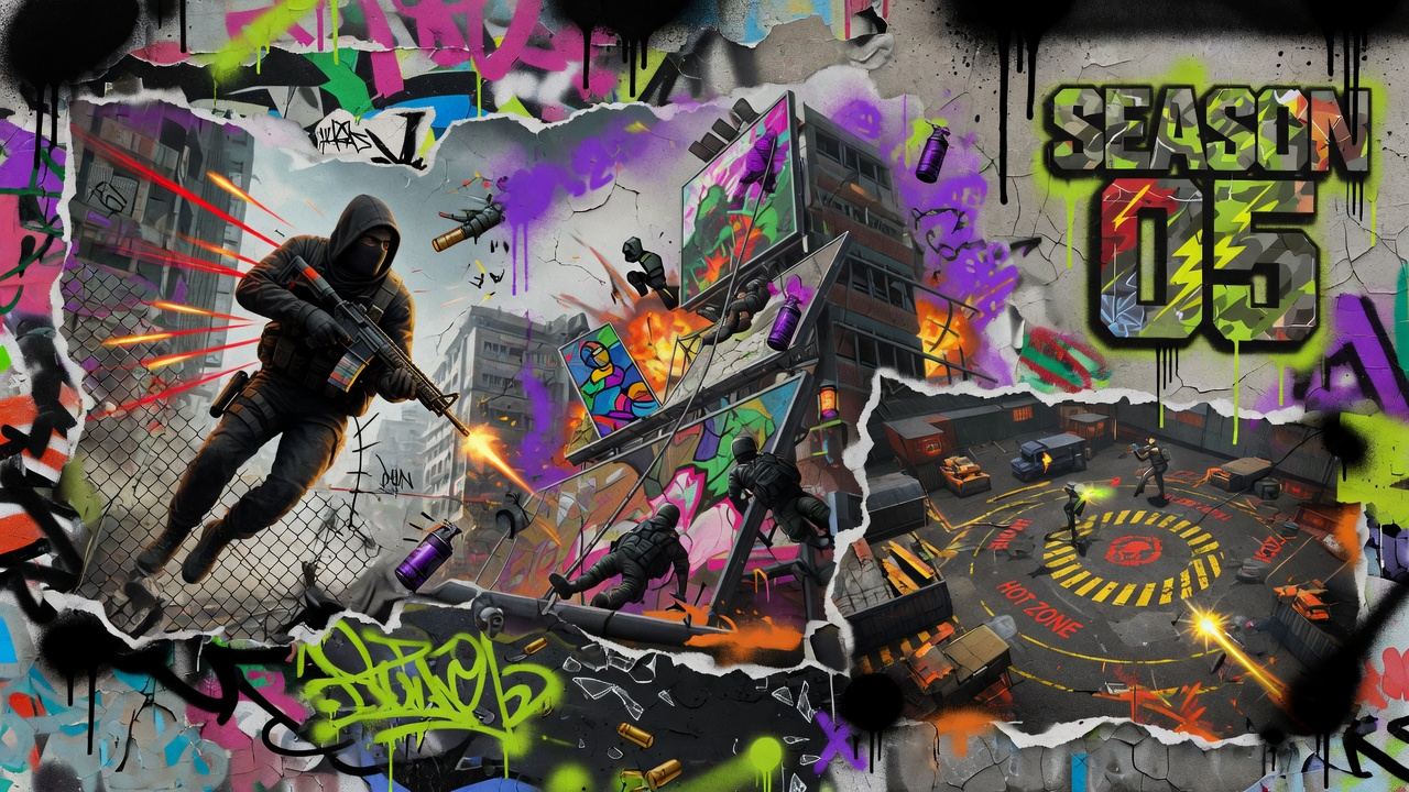 Actionreiche Shooter-Collage mit Festivalstraße, Laborzone und generischen Soldaten ohne Logos oder Markenfiguren