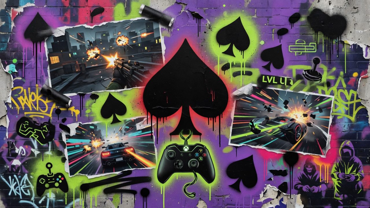 Abstrakte Gaming-Collage mit Spielkarten, Konsole und Turnieratmosphäre ohne Logos oder Figuren
