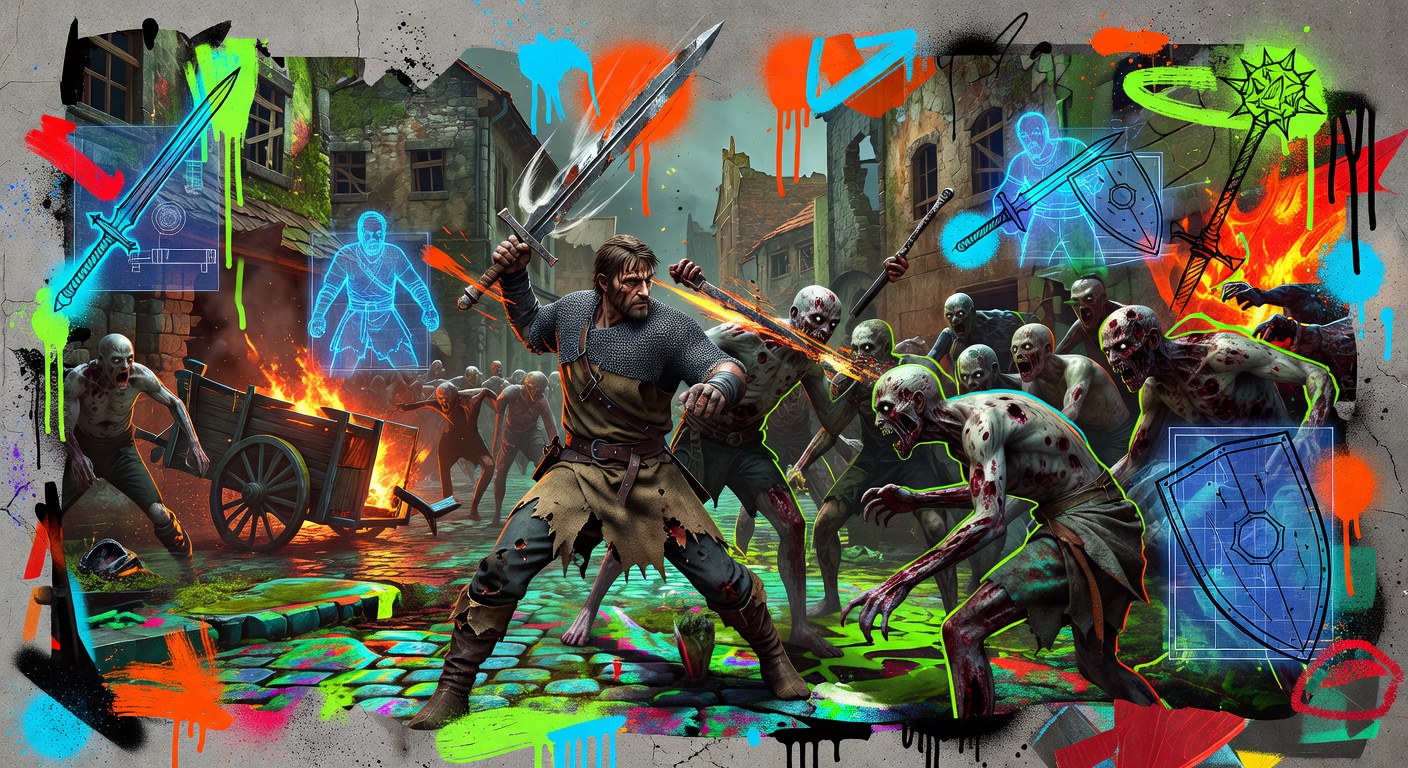 Düstere mittelalterliche Kampfszene mit gepanzertem Kämpfer gegen Untote in nebliger Umgebung