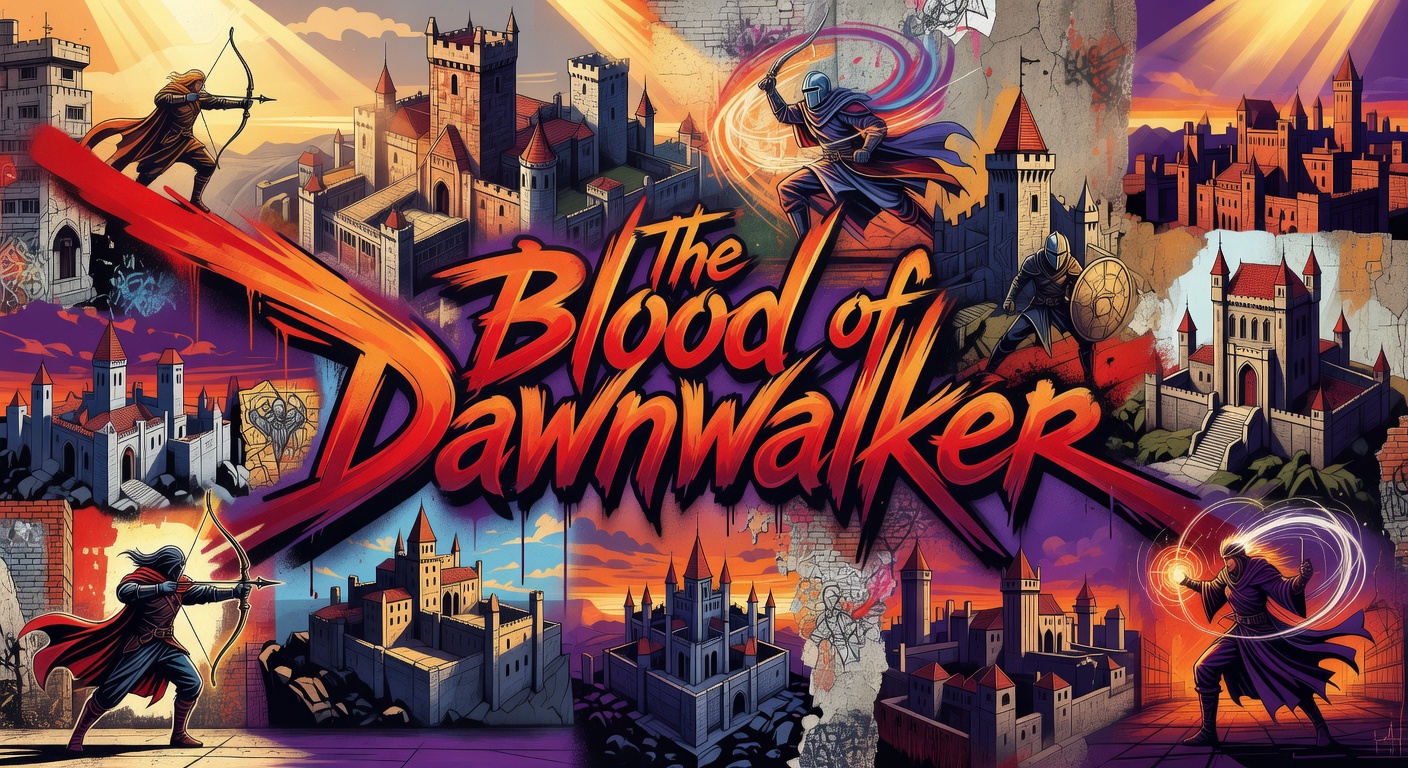 Abstrakte düstere Fantasy-Collage mit mittelalterlicher Stadt, Nachtlicht und generischer Vampirjäger-Atmosphäre ohne Logos oder bekannte Figuren