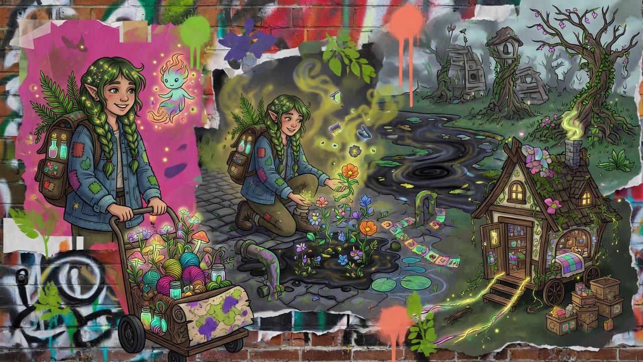 Bunte Street-Art-Collage mit beweglichem Fantasiehaus, leuchtenden Pflanzen und gereinigter Spielwelt ohne Logos