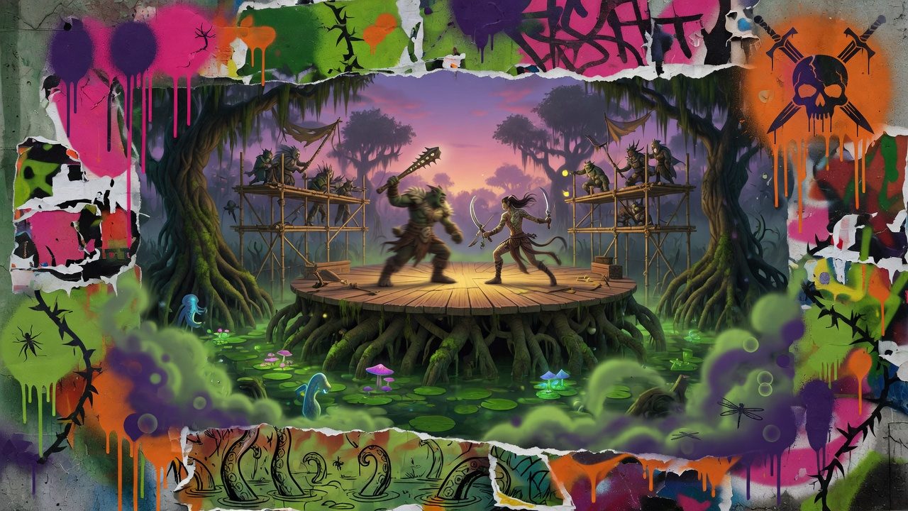 Generische Prügelspiel-Collage mit märchenhaftem Sumpf, Holzhütte, Matsch-Arena und stilisierten Kämpfer-Silhouetten ohne Logos oder bekannte Figuren