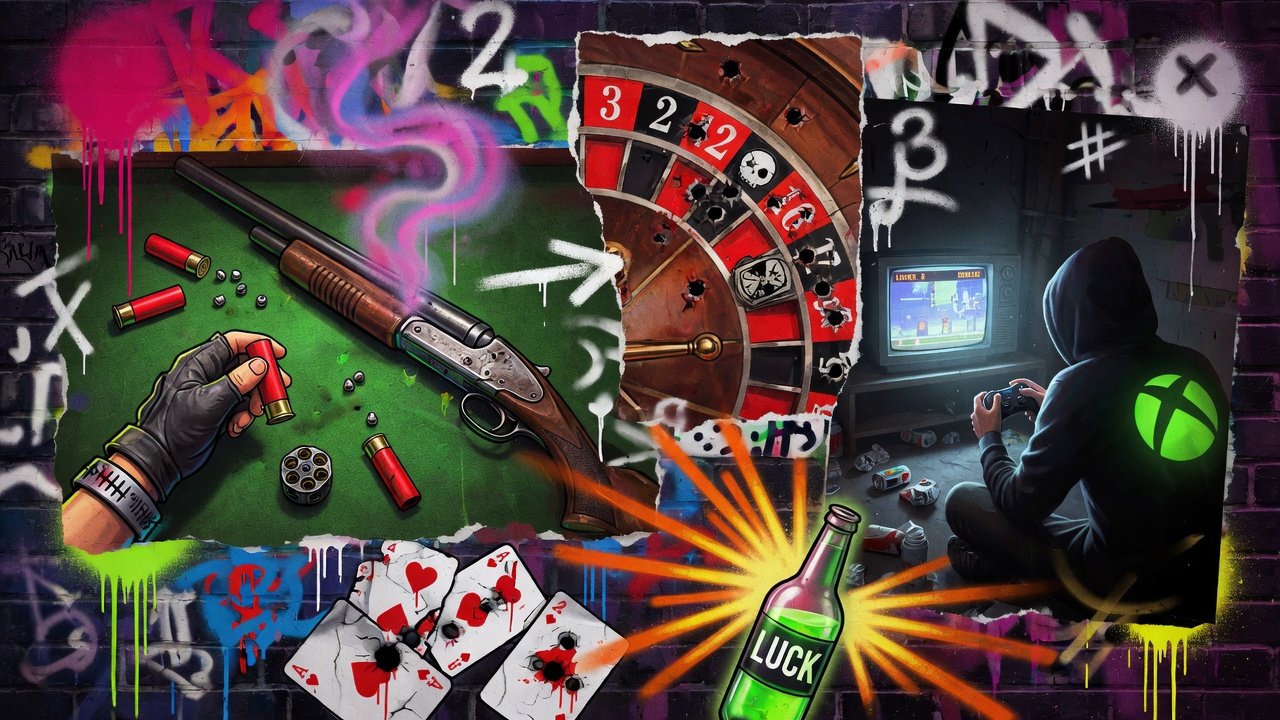 Düstere Gaming-Collage mit Schrotflinte, Neon-Nachtklub und bedrohlicher Tischszene ohne Logos oder Markenfiguren