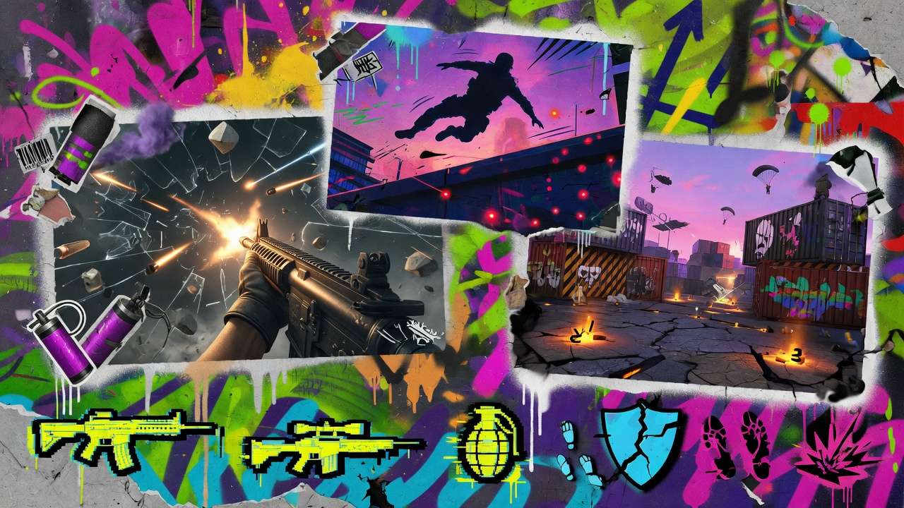 Futuristische Shooter-Collage mit generischen Cyborg-Soldaten, urbanem Häuserblock und Kontrollzone ohne Logos oder Markenfiguren