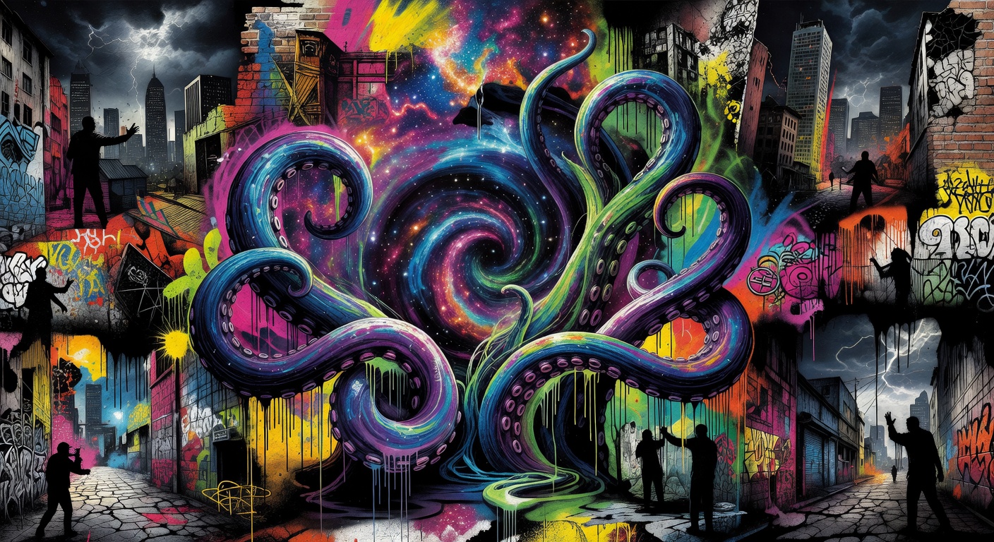 Abstrakte Mystery-Gaming-Collage mit uralten Symbolen, Buchseiten und neonfarbener Abenteuerstimmung ohne Logos oder bekannte Figuren