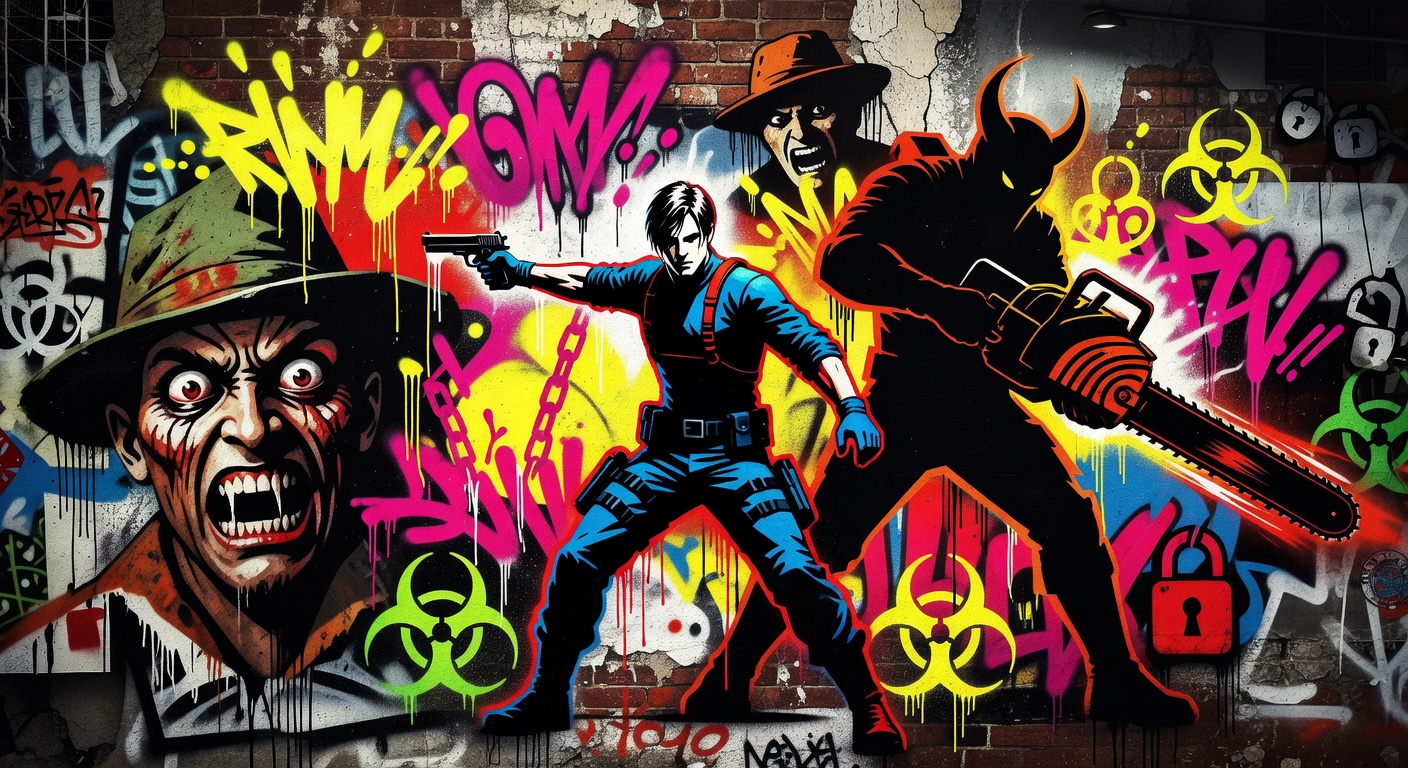 Leon aus Resident Evil 4 vor einer stilisierten roten Störungswelle