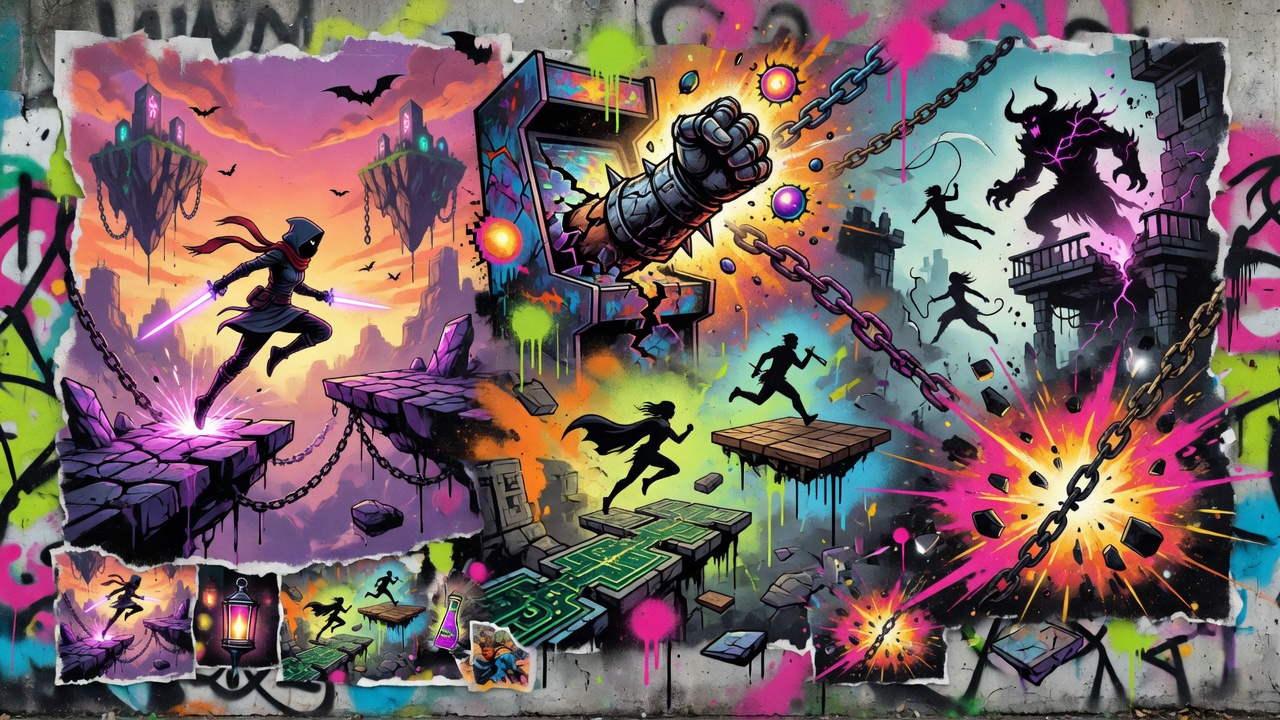 Generische Gaming-Collage mit Messehalle, Fantasy-Krieger, Roboterheld und Neon-Lichteffekten ohne Logos oder bekannte Figuren