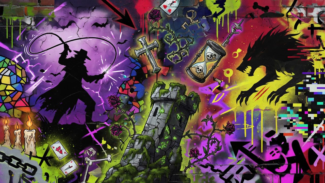 Gotische Action-Collage mit Peitsche, brennender Stadt und düsteren Katakomben ohne Logos oder bekannte Figuren