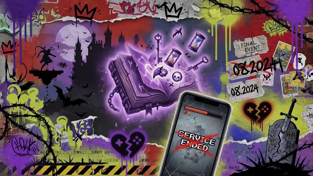 Düstere Gothic-Gaming-Collage mit generischer Burg, Mond, Peitschen-Silhouette und zerfallenden Menüs ohne Logos oder bekannte Figuren