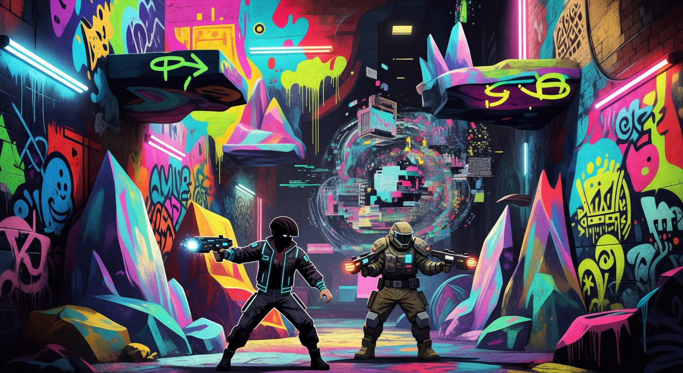 Bunte Pixel-inspirierte Sci-Fi-Höhlenlandschaft als generische Gaming-Collage ohne Logos oder bekannte Figuren