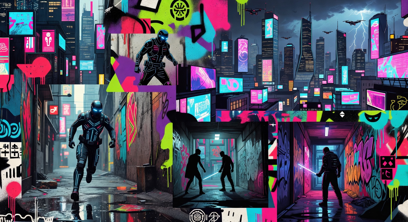 Abstrakte Sci-Fantasy-Gaming-Collage mit leuchtendem Horizont, Kartenfragmenten und futuristischen Architekturformen ohne Logos oder bekannte Figuren