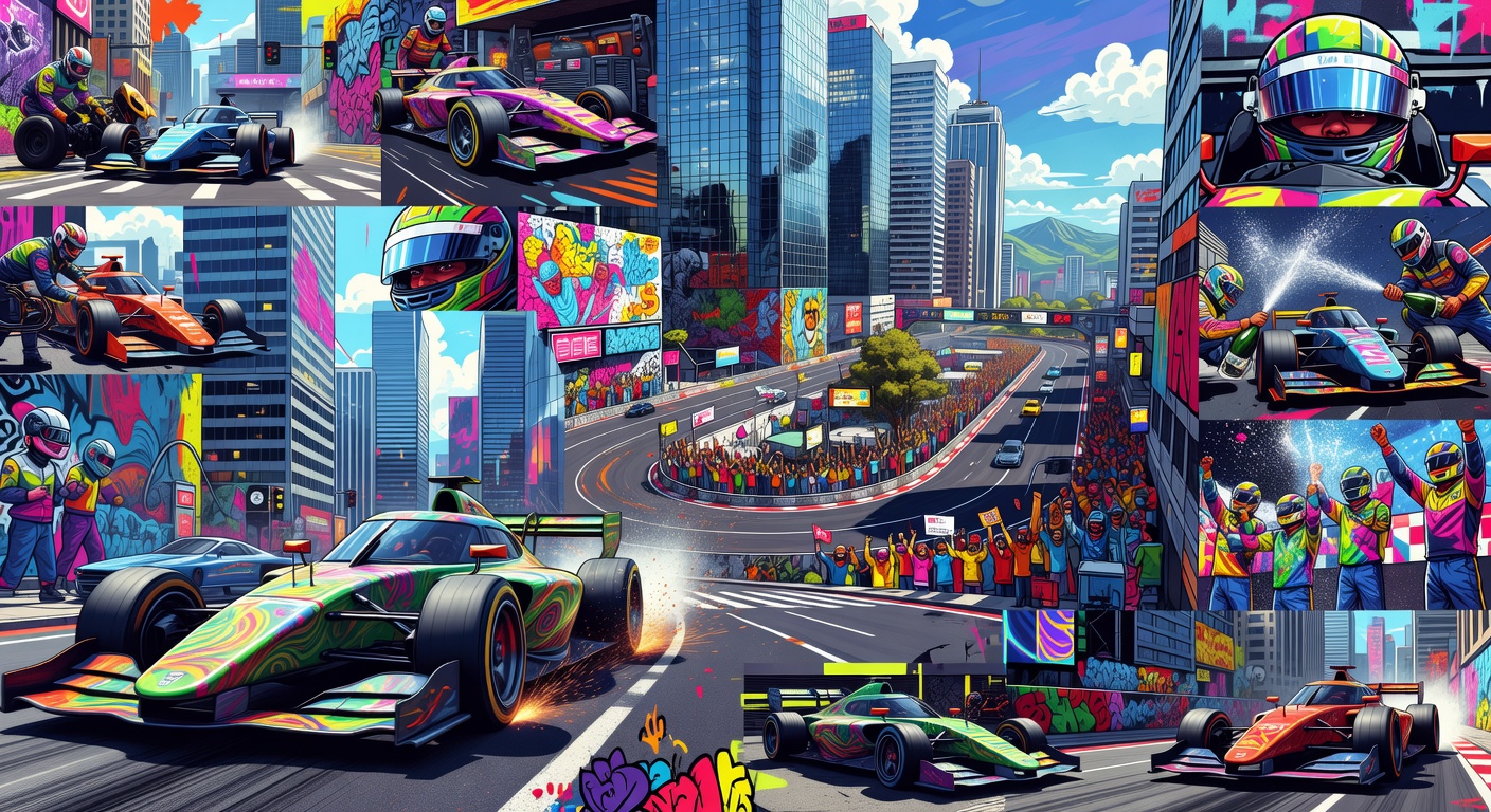 Bunte Rennstrecke in einer virtuellen Stadt als Cities-Skylines-Collage