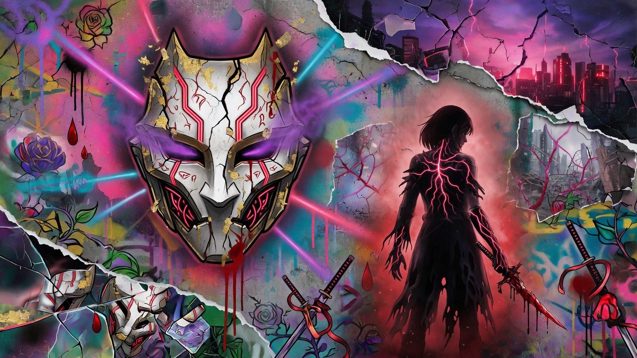 Düstere Anime-Action-RPG-Collage mit maskierter Gestalt, zerbrochener Welt und rot leuchtenden Schwertern ohne Logos