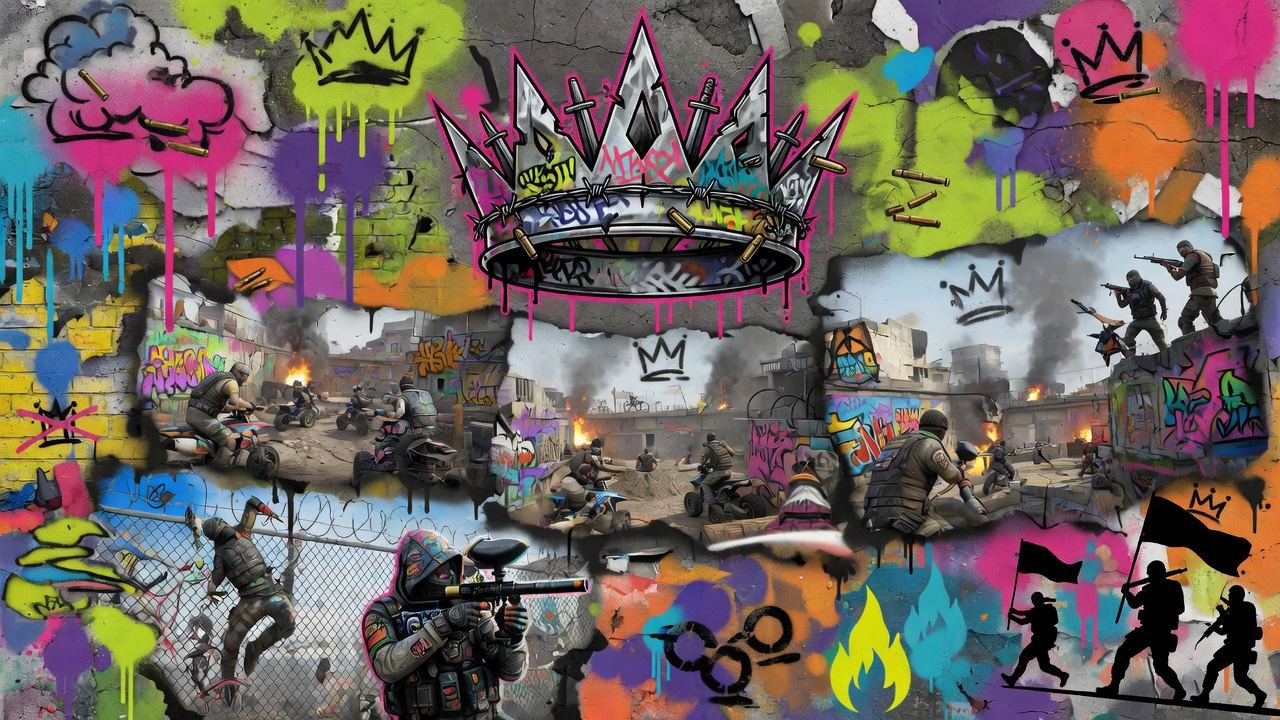 Dynamische Gaming-Collage mit Belagerungsmaschinen, Festungsmauern, Schiffen und kämpfenden Fraktionen in kräftigem Street-Art-Stil ohne Logos