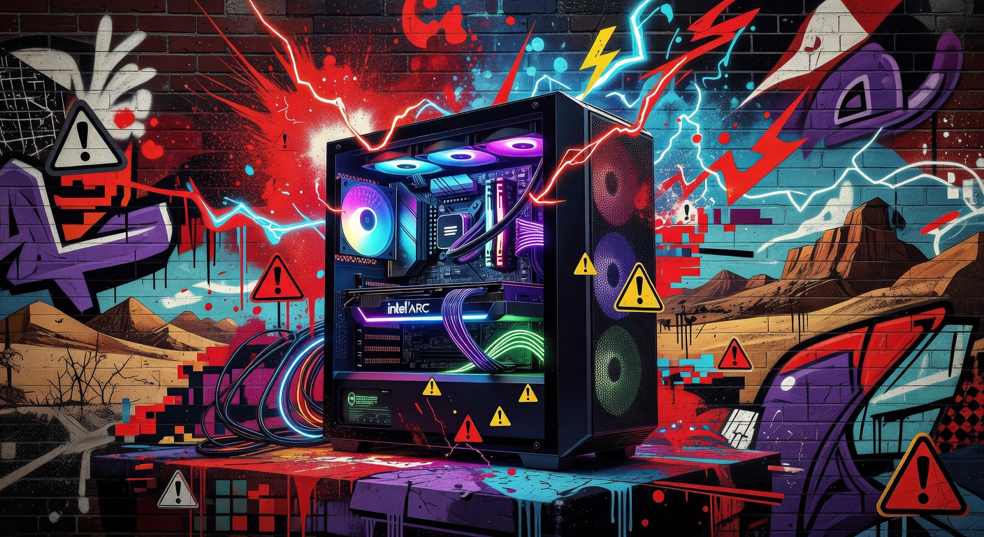 Abstrakte Gaming-PC-Szene mit rotem Wüstenton und stilisierten Hardware-Elementen