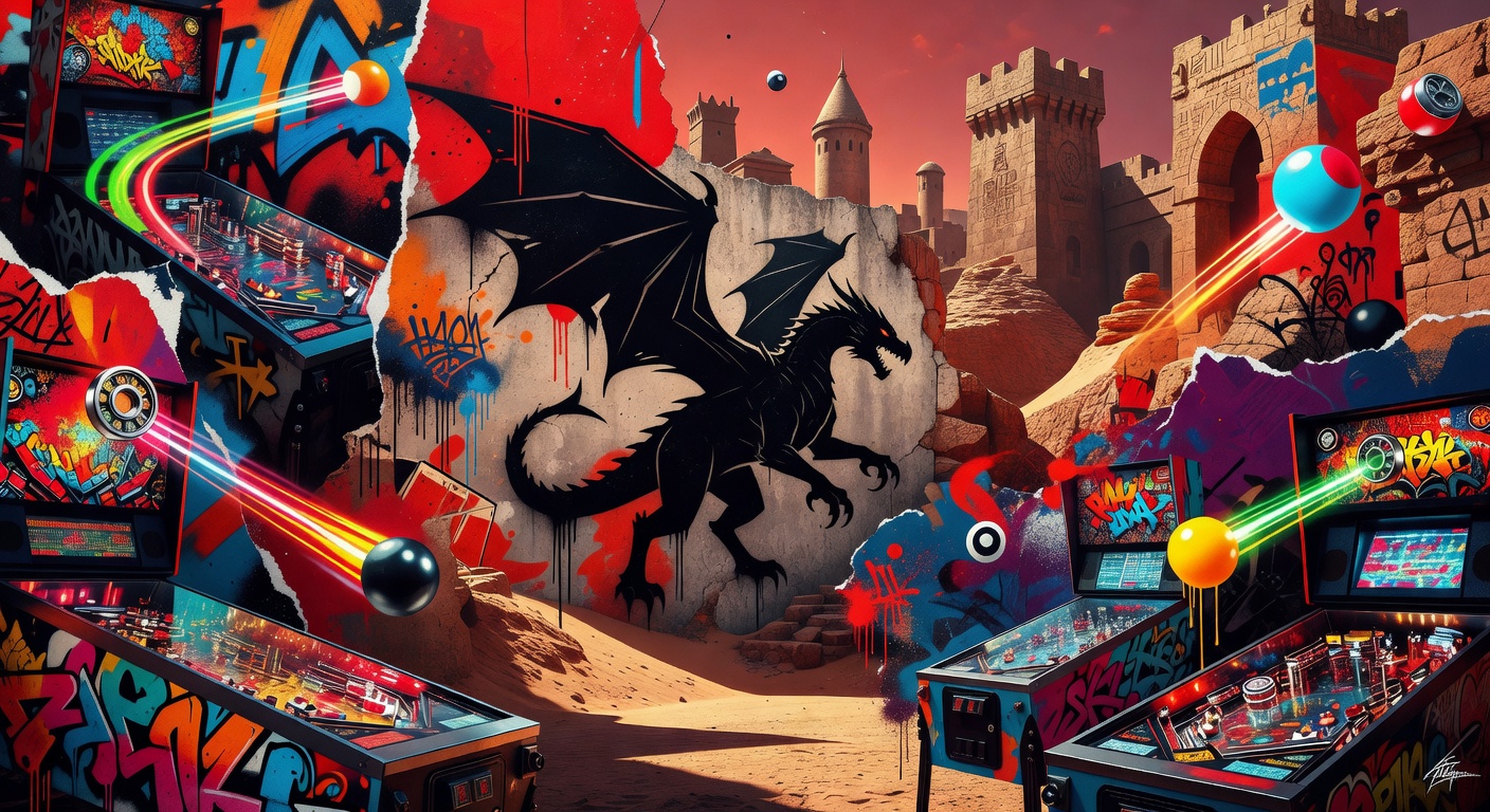Generische Fantasy-Action-Collage mit Wyvern, Spielautomat und Wuestenfestung ohne Logos