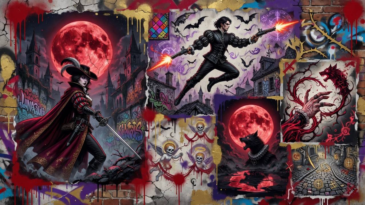 Düstere Action-RPG-Kollage mit gotischer Stadt, geflügelter Kriegerfigur und blutrotem Mond, ohne Logos oder bekannte Figuren