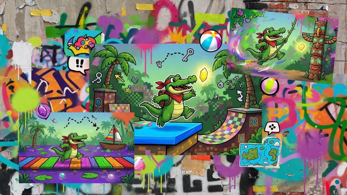 Bunte Jump-and-Run-Landschaft mit kleinem grünen Krokodil, Küstendorf und generischen Gegnern ohne Logos