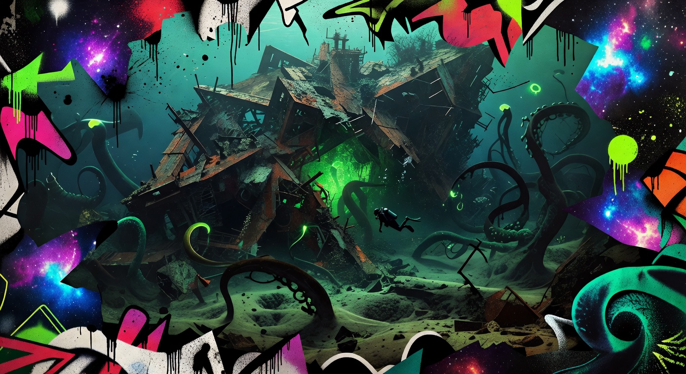 Generische Unterwasser-Horrorlandschaft mit versunkener Megastruktur, grünem Licht und tauchender Silhouette