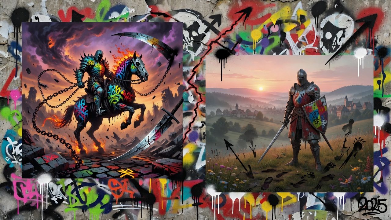 Düstere Fantasy-Collage mit apokalyptischem Reiter, mittelalterlicher Burg und dramatischem Himmel ohne Logos oder bekannte Figuren