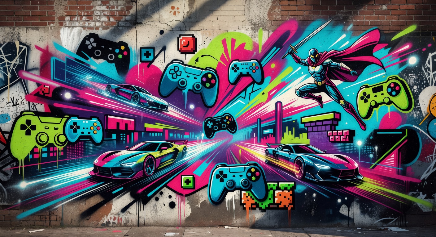 Abstrakte Gaming-Collage mit Controller, Sale-Elementen und futuristischen Neonfarben ohne Logos