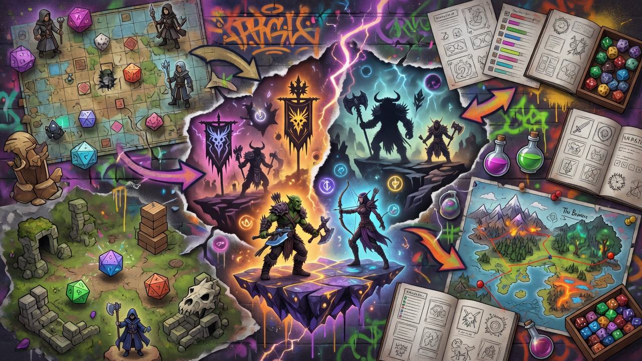 Fantastische Tabletop-Szene mit Würfeln, Karten und generischer Azeroth-inspirierter Abenteuerstimmung ohne Logos oder Figuren
