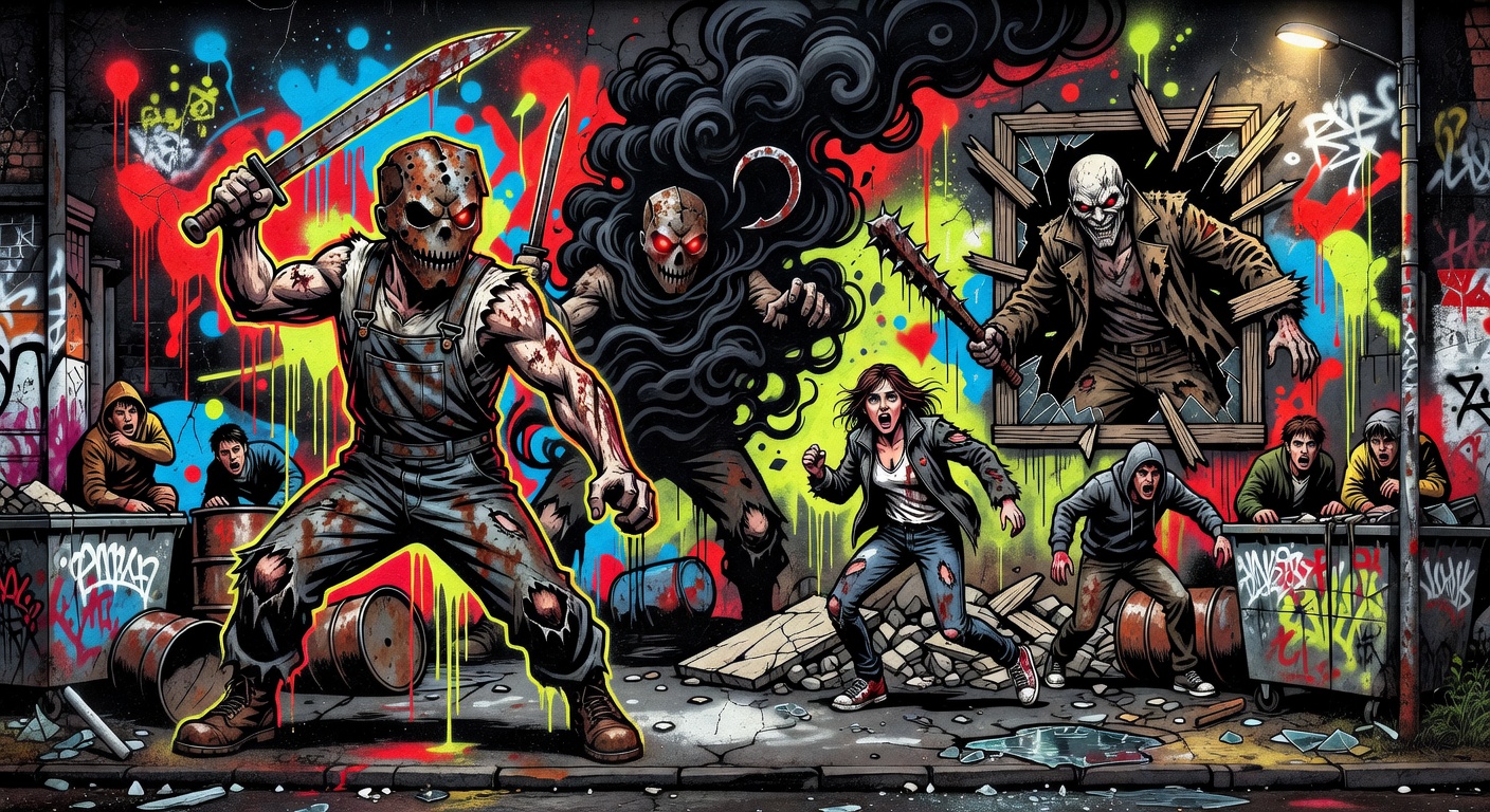 Düstere Waldszene mit maskiertem Horror-Killer in stylisierter Illustration