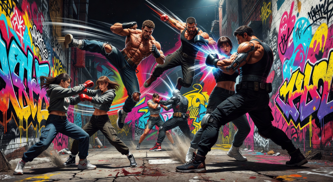 Abstrakte Fighting-Game-Collage mit Arena-Lichtern und dynamischen Silhouetten ohne Logos oder bekannte Figuren