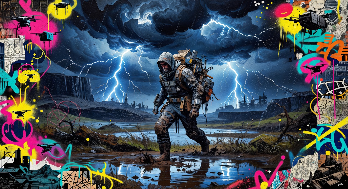 Postapokalyptische Lieferroute mit rauem Wetter und Fokus auf Überleben