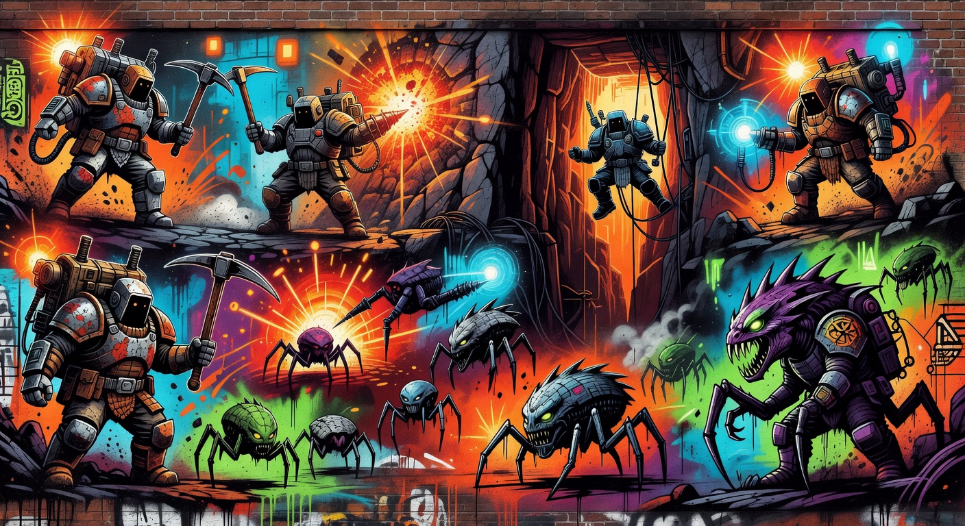 Vier Sci-Fi-Zwerge kämpfen in einer düsteren Alien-Höhle gegen Monster